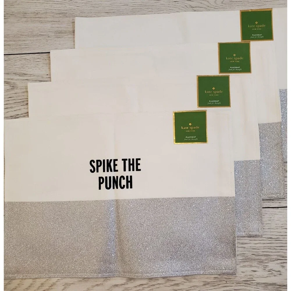 Kate Spade Food for Thought Spike the Punch Silver Glitter 4 Placements NEW